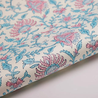 Katoenpapier met handblokprint - Flora hemelsblauw